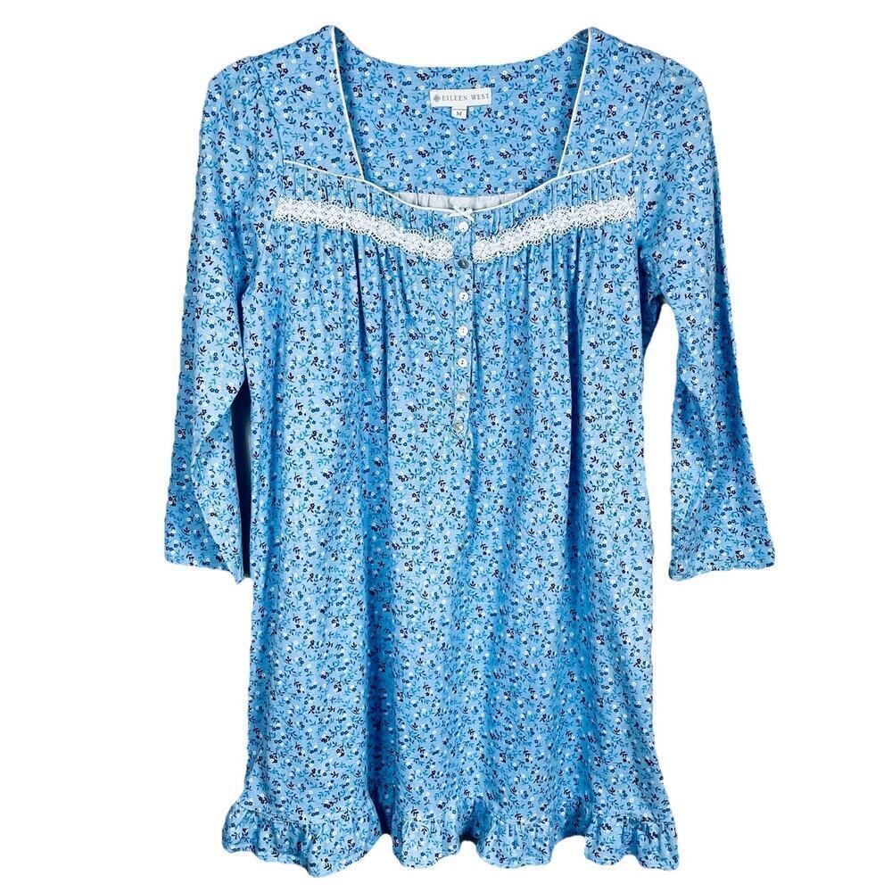 Eileen West Nightgown Size Medium Blue Short Floral Flannel Cottagecore Prairie